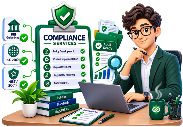 Illustration of compliance services covering policy development, control implementation, gap assessment, and audit readiness.