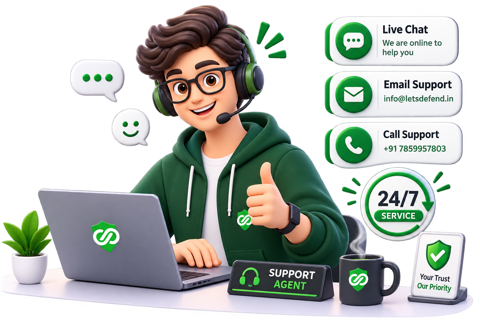 LetsDefend Infosec support agent ready to help via live chat, email, and phone, with 24/7 service