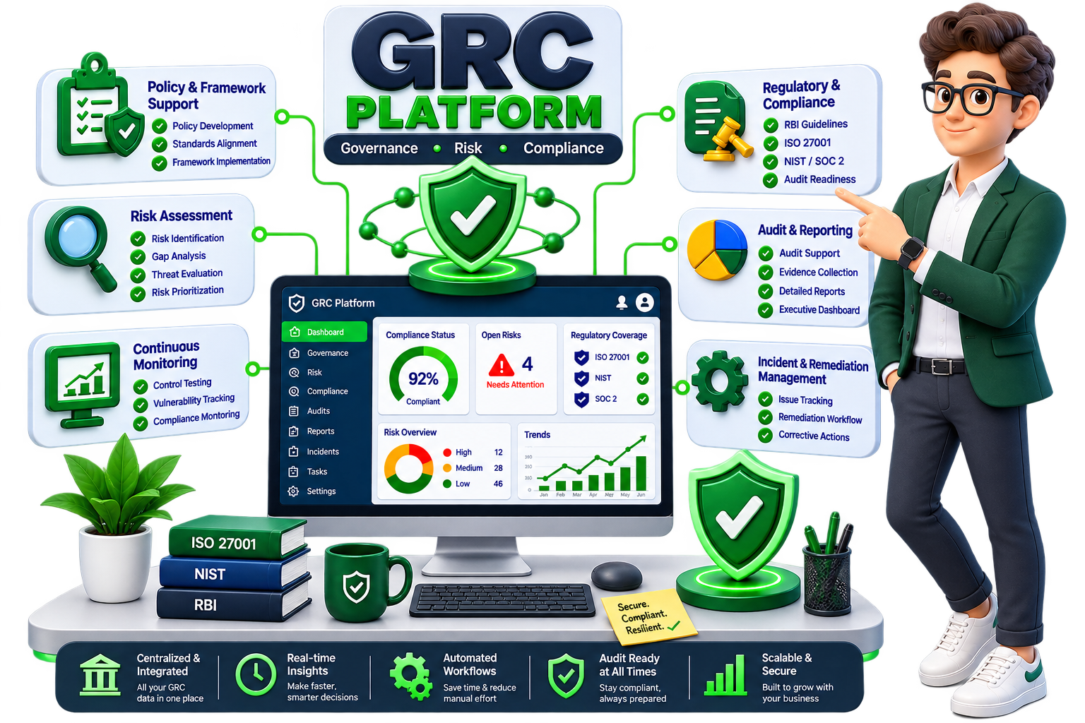 Illustration of the GRC platform dashboard covering governance, risk, and compliance.