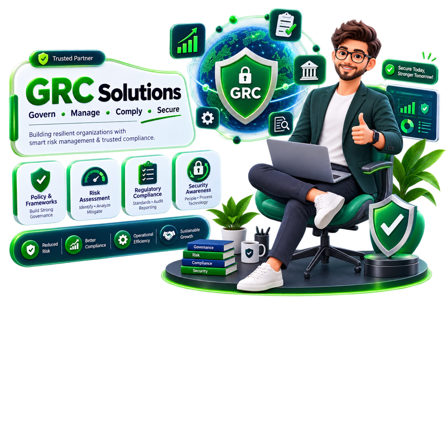 GRC operations dashboard illustration showing governance, risk, and compliance workflows, security overview, and audit readiness